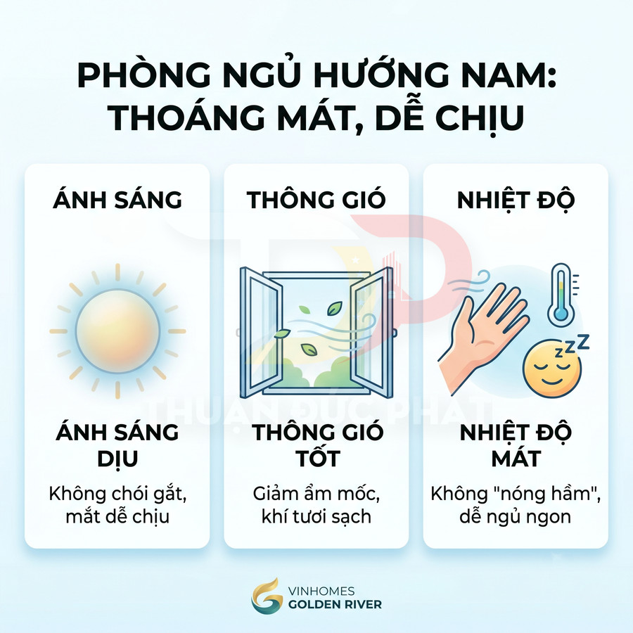 Ưu điểm phòng ngủ hướng Nam Vinhomes Golden River: ánh sáng dịu, thông gió tốt, nhiệt độ mát dễ chịu